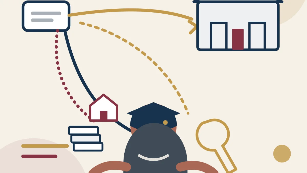 Illustration of a Veteran student reviewing Chapter 33 Post-9/11 GI Bill benefits for tuition, housing, books and training