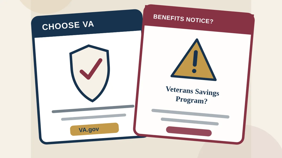 Illustration comparing an official Choose VA postcard with a suspicious Veterans Savings Program mailer