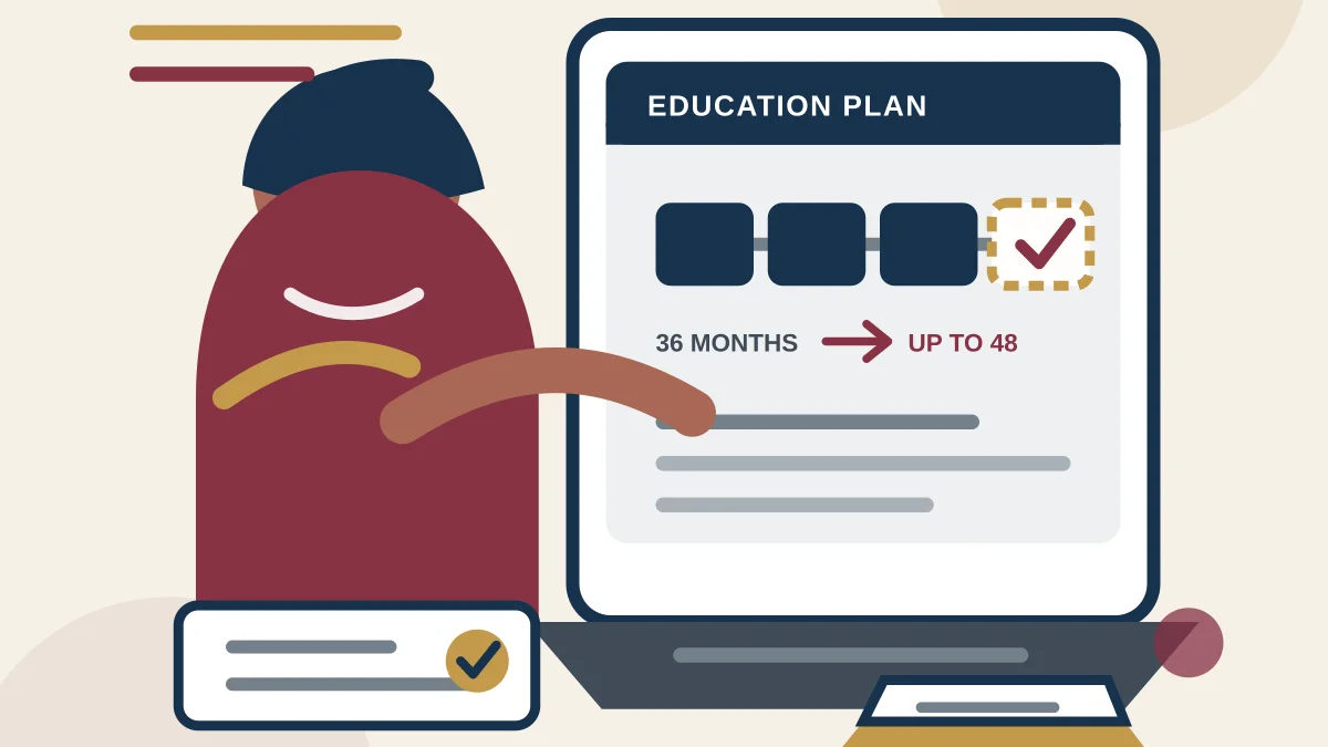 Illustration of a woman veteran reviewing an education-benefits timeline and college planning materials