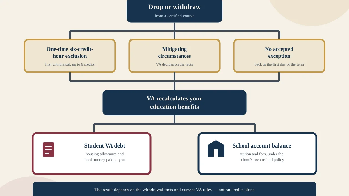 Diagram of a GI Bill withdrawal reviewed for the six-credit exclusion, mitigating circumstances or no exception, then a student VA debt and a separate school account balance