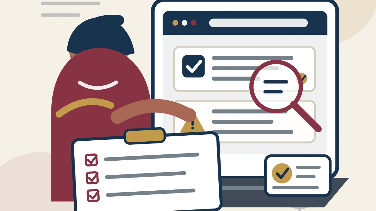 Illustration of a Veteran comparing trade-school program information with an education-benefits checklist