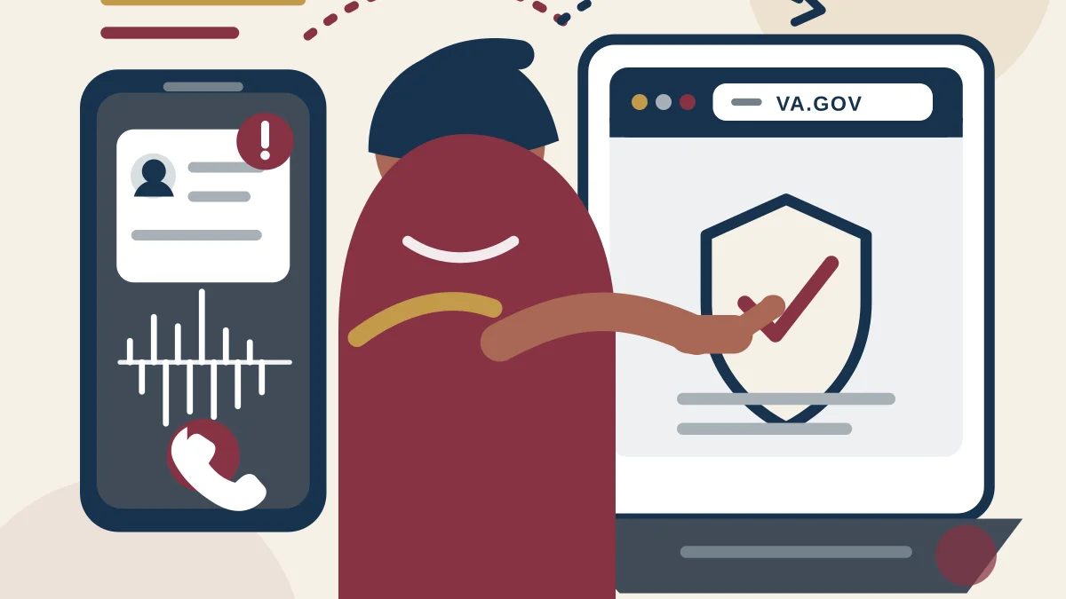 Illustration of a Veteran comparing a suspicious phone message with an official website