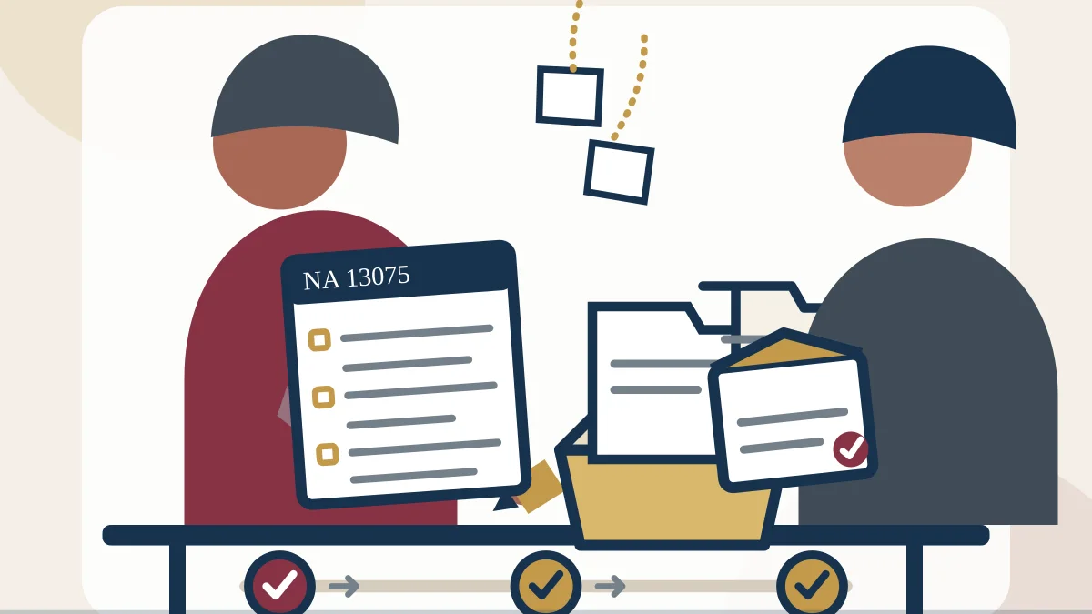Illustration of a Veteran completing an NA Form 13075 military-service questionnaire while archival records are reconstructed