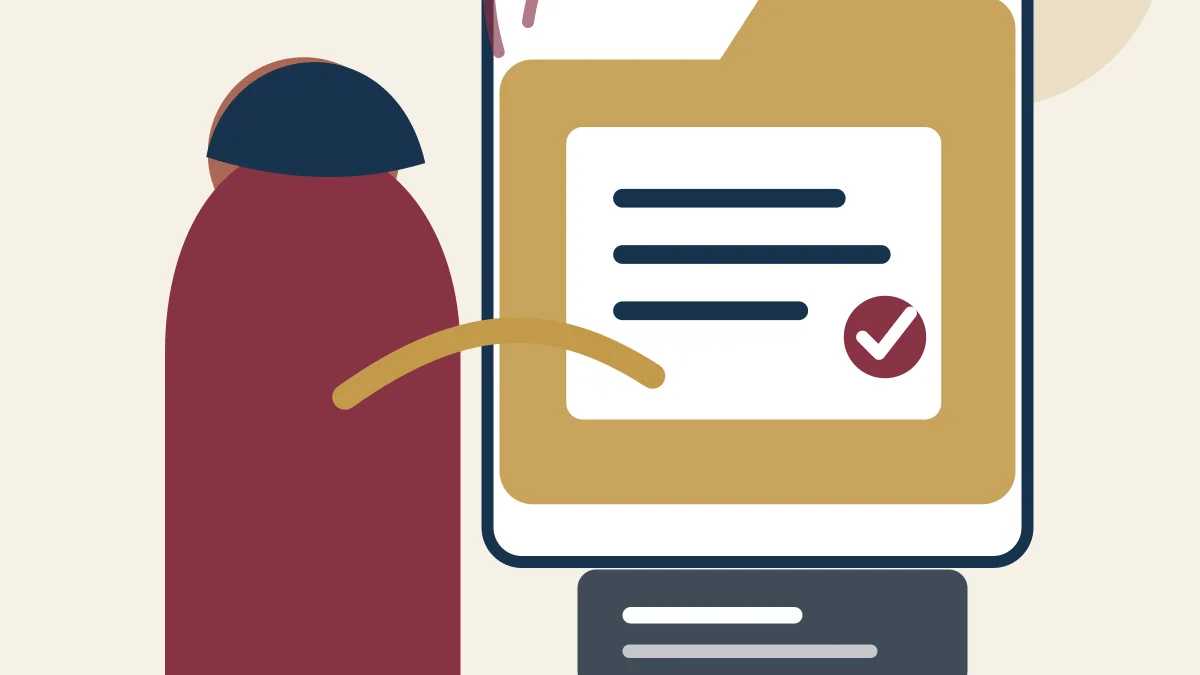 Conceptual illustration of a woman veteran reviewing reconstructed service records beside an organized claims folder