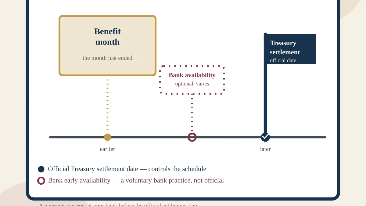 Diagram showing a VA disability benefit month flowing into an official Treasury settlement date, with a separate, optional earlier bank availability date