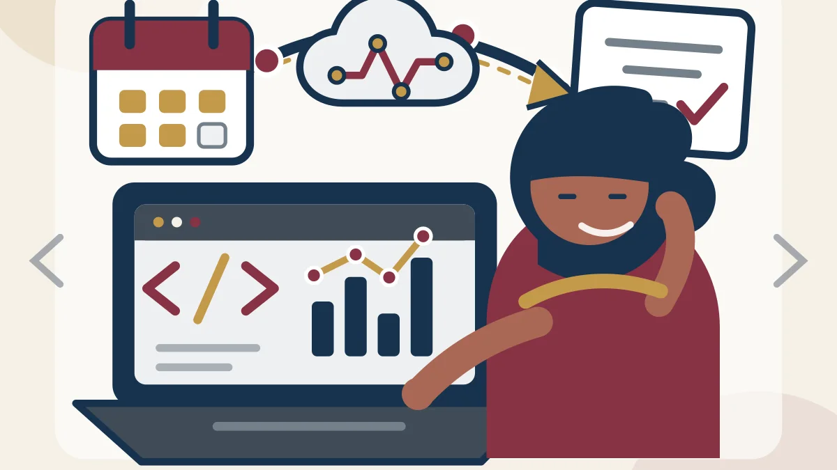Illustration of a Veteran evaluating a short-term high-technology training program with a laptop and career pathway